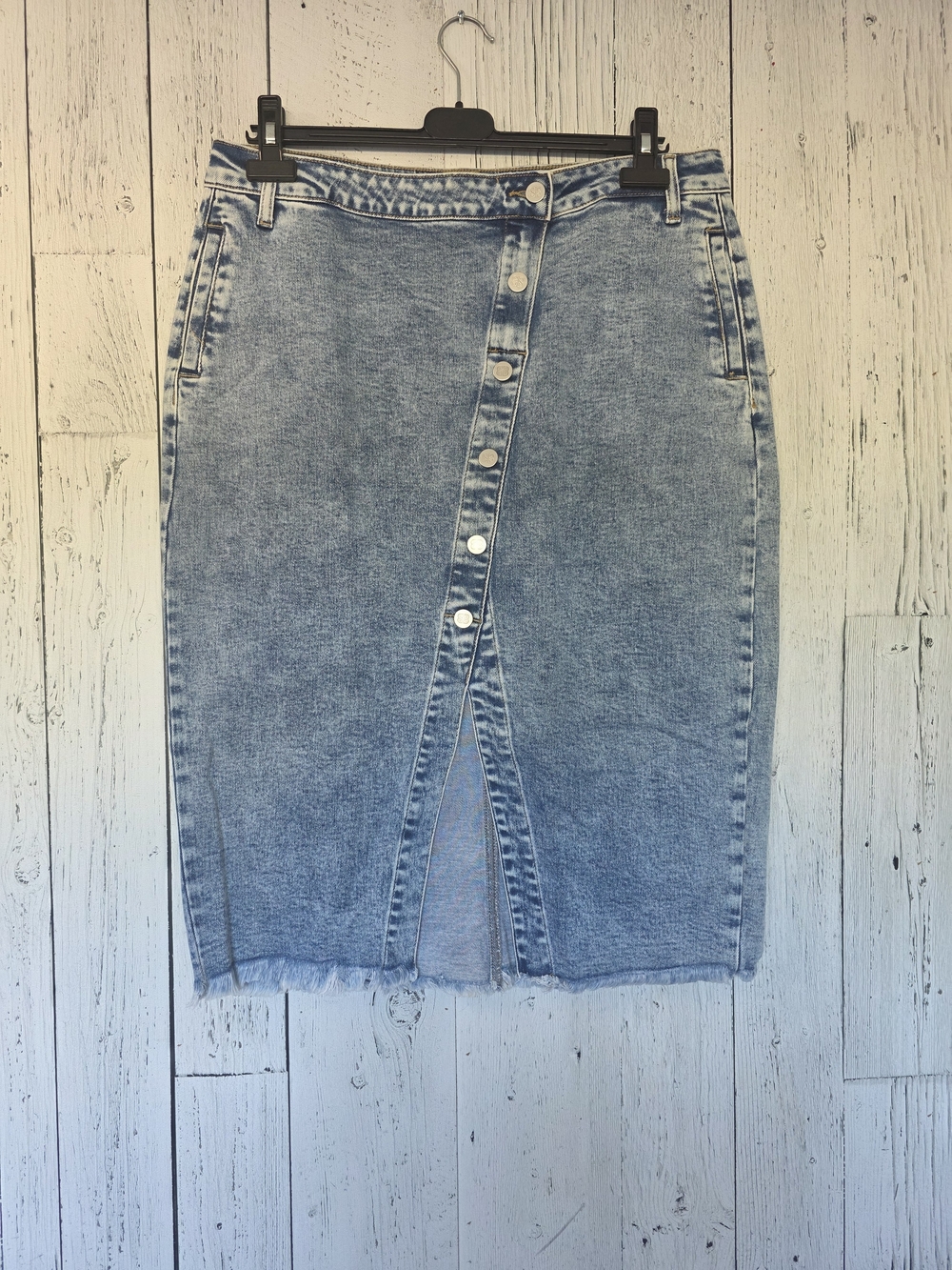 Blakeley High Waisted Button Front Denim Midi Skirt Raw Hem Stretch 1X NWOT